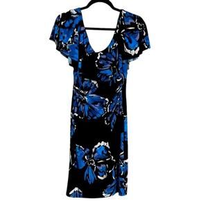 Lauren Ralph Lauren Ruffle Overlay Floral Sheath Dress Black Blue Size 4